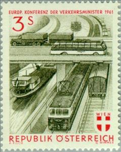 Stamp, Truck & omnibus on bridge over trains and barges, Austria,  , Ships, Cars, Trucks, Railways, Public Transport, Conferences, Omnibuses, Transport