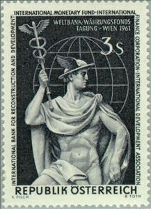 Stamp, Mercury in front of globe, Austria,  , Mythology, Banks, Globes, Conferences