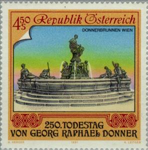 Stamp, Donnerbrunnen in Vienna by G.R. Donner (1693-1741) sculptor, Austria,  , Sculptures, Fountains, Art