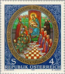 Stamp, Saint Adalbero with family, St. Kilian & St. Benedict, Austria,  , Expositions, Saints, Miniatures
