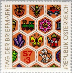 Stamp, Symbolic depiction of motives, Austria,  , Flowers, Musical Instruments, Dogs, Insects, Gemstones, Philately, Railways, Fruits, Bees, Stamp Day, Animals (Fauna)