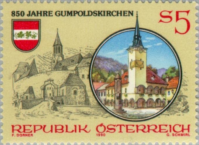 Townscape with city hall & fortified church, coat of arms