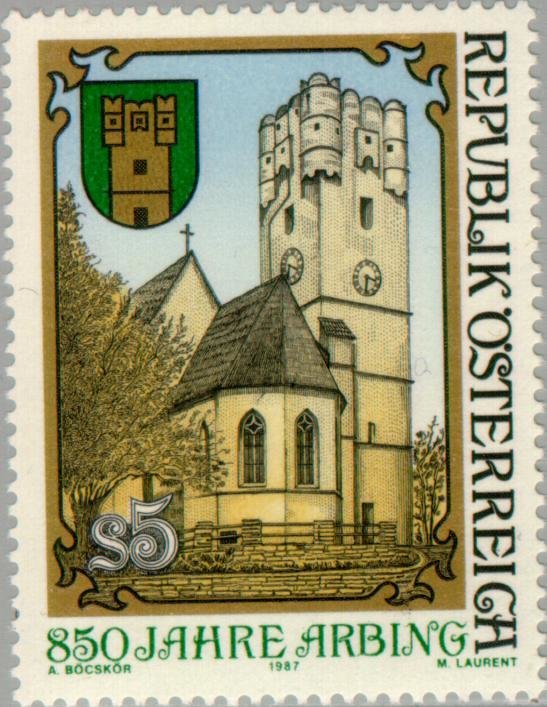 Parish church & fortified tower of Arbing & coat of arms