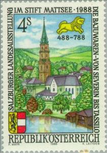 Stamp, Mattsee Abbey & Ischl Lion (exhibition badge), Austria,  , Stylized Animals, Towers, Expositions, Monasteries, Lakes