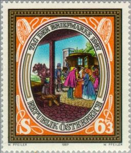 Stamp, "The Postmaster" lithography (1841) by Carl Schustler, Austria,  , Postal Services, Drawings, Philately, Art, Postmasters, Stamp Day