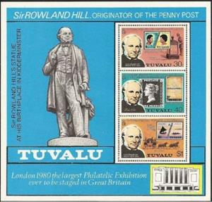 Souvenir Sheet, Death centenary of Sir Rowland Hill, Tuvalu,  , Postal Services, Monuments, Stamps