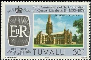 Stamp, Salisbury Cathedral, Tuvalu,  , Churches - Cathedrals - Basilicas - Chapels