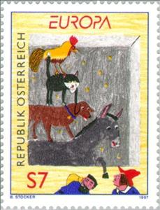 Stamp, C.E.P.T.- Sages and Legends, Austria,  , Postal Unions, Birds, Mammals, C.E.P.T., Europe, Drawings, Legends, Cats, Animals (Fauna)
