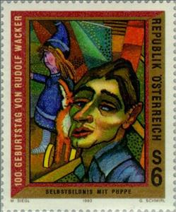 Stamp, Self portrait by Rudolf Wacker (1893-1939), Austria,  , Paintings, Painters