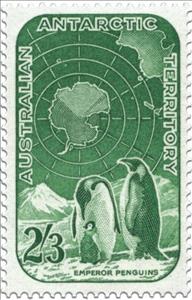 Stamp, Map of Antarctica and Emperor Penguins, Australian Antarctic Territory (AAT),  , Maps, Birds, Explorers, Penguins, Expeditions, Ice, Animals (Fauna)