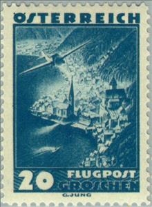 Stamp, Aircraft over Hallstatt, Upper Austria, Austria,  , Landscapes, Towers, Aviation, Townscapes / City Views, Aircrafts