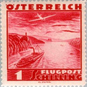 Stamp, Aircraft over Donau, Schönbühel Castle & Melk Abbey, Austria,  , Landscapes, Ships, Steamers, Monasteries, Castles, Rivers, Aviation, Aircrafts