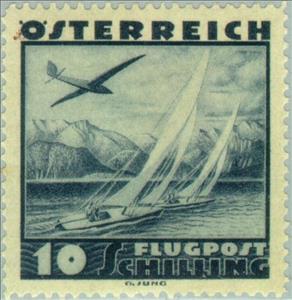 Stamp, Aircraft over sailing boats on the Attersee, Austria,  , Landscapes, Ships, Aviation, Lakes, Sailing Ships, Aircrafts