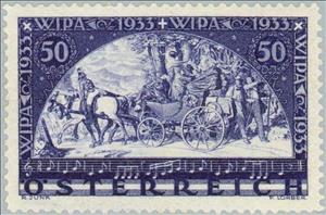 Stamp, "Mailcoach" by Moritz von Schwind, Austria,  , Mammals, Horses, Paintings, Philatelic Exhibitions, Postal Traffic, Mailcoaches, Philately, Animals (Fauna)