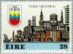 Stamp, Dublin Millennium, Ireland,  , Ships, Towers, Buildings, Coats of Arms, Sailing Ships, Churches - Cathedrals - Basilicas - Chapels