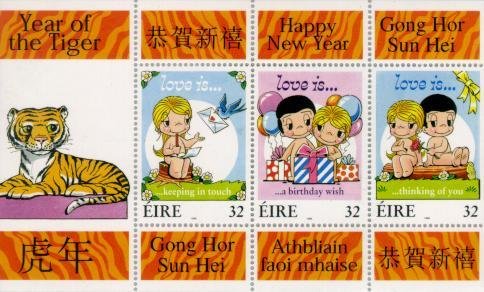 Souvenir Sheet, Chinese New Year - Year of the Tiger, Ireland,  , Flowers, Mammals, Drawings, Carrier-pigeons, Tigers, Roses, Animals (Fauna), Letters (Mail)