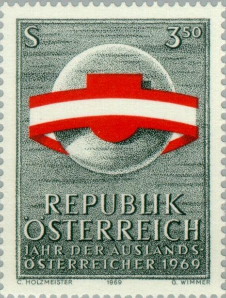 Globe surrounded by Austrian flag ribbon