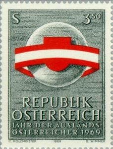Stamp, Globe surrounded by Austrian flag ribbon, Austria,  , Flags, Globes
