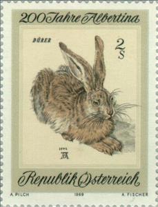 Stamp, "Young Hare" by Albrecht Dürer, European Hare (Lepus europae, Austria,  , Mammals, Drawings, Hares, Animals (Fauna)