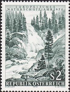 Stamp, Upper part of the Krimmler Waterfalls, Austria,  , Landscapes, Trees, Waterfalls, Environment Protection, European Years, Plants (Flora)