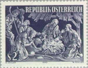 Stamp, "Adoration of Shepherds" by Marian Rittinger, Austria,  , Sculptures, Biblical Accounts, Christmas, Feasts