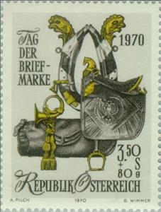 Stamp, Gala sledge horse collar, saddle, knapsack & posthorn, Austria,  , Post Horns, Philately, Stamp Day, Sledges, Crafts