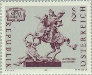 Stamp, Rider statue emperor Josef I, by Matthias Steinle, Austria,  , Sculptures, Mammals, Horses, Silver Objects, Statues, Art, Emperors, Animals (Fauna)