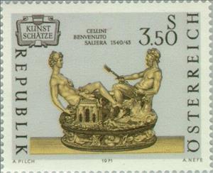 Stamp, "Saliera" (c. 1541) by Benvenuto Cellini, Austria,  , Sculptures, Art, Golden Objects, Crafts
