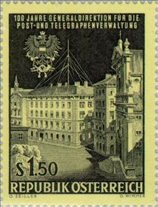Stamp, Directorate-general building in Vienna & coat of arms, Austria,  , Communication, Heraldic Animals, Telecommunication, Telegraphy, Buildings, Coats of Arms