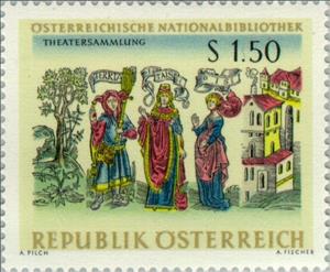 Stamp, Figures & decoration of the Roman comedy "Eunuchus", Austria,  , Drawings, Theatre, Libraries, Roman Empire, Romanesque
