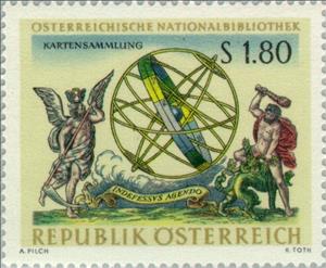 Stamp, Celestial sphere with the God Chronos & Heracles, Austria,  , Mythology, Maps, Drawings, Gods and goddesses, Libraries, Outer Space