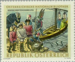 Stamp, Illustration from the book "Buch vom liebentbrannten Herzen", Austria,  , Ships, Drawings, Books, Libraries, Sailing Ships