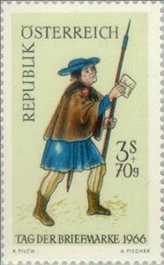 Stamp, "The letter runner" drawing 'Ambraser Heldenbuch' (c. 1517), Austria,  , Postal Services, Postal Traffic, Postmen, Stamp Day