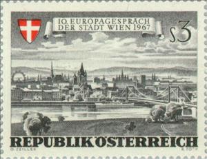 Stamp, Townscape of Vienna seen from Marshallhof, Austria,  , European Union, Bridges, Rivers, Buildings, Townscapes / City Views, Churches - Cathedrals - Basilicas - Chapels