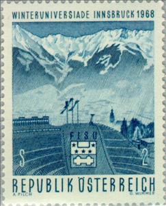 Stamp, Berg Isel ski-jump with view on the northern mountain range, Austria,  , Sport, Skiing, Winter Sports, Mountains, Ski-jump