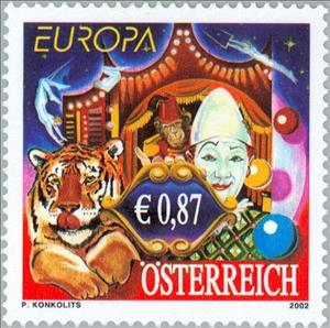 Stamp, C.E.P.T.- Circus, Austria,  , Postal Unions, Mammals, C.E.P.T., Europe, Circus, Clowns, Tigers, Animals (Fauna)