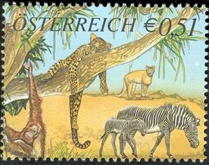 Stamp, Zebra (Equus sp.), Lioness (Panthera leo), Orangutan (Pongo , Austria,  , Zoos, Animals (Fauna)