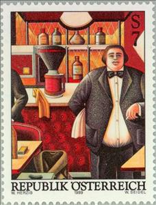 Stamp, "The Waiter", by Wolfgang Herzig, Austria,  , Measuring Instruments, Art, Scales (balance)