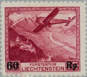 Stamp, First airmail flight, Liechtenstein,  , Vehicles, Special Occasions, Mountains, Aircrafts