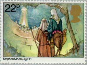 Stamp, Joseph and Maria arriving at Bethlehem, United Kingdom of Great Britain & Northern Ireland,  , Mammals, Biblical Accounts, Christmas, Drawings, Animals (Fauna)