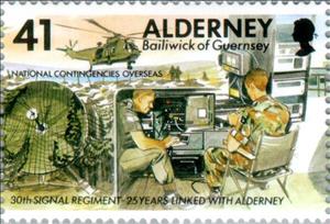 Stamp, Communications Station, Falklands Island, Alderney,  , Vehicles, Weapons, Military Forces, Uniforms, Helicopters, Aviation, Anniversaries and Jubilees