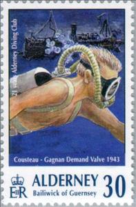 Stamp, Cousteau-Gagnan Demand Valve, Alderney,  , Sport, Aquatic Sports, Diving, Anniversaries and Jubilees
