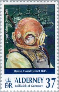 Stamp, Heinke Closed Helmet, Alderney,  , Sport, Aquatic Sports, Diving, Anniversaries and Jubilees
