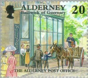 Stamp, Historical Views - Alderney Post Office, Alderney,  , Postal Services, Mammals, Horses, Post Horns, Animals (Fauna), Agricultural Machinery, Anniversaries and Jubilees