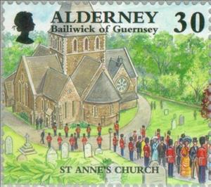 Stamp, Historical events - St Anne's Church, Alderney,  , Military Forces, Uniforms, Churches - Cathedrals - Basilicas - Chapels, Anniversaries and Jubilees