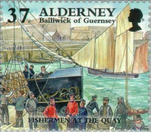 Stamp, Historical events - Fisherman at Quay, Alderney,  , Ships, Steamers, Vehicles, Ports, Fishery, Fishing-boats, Sailing Ships, Anniversaries and Jubilees