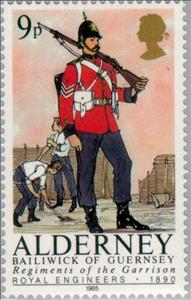 Stamp, Royal Engineers 1890, Alderney,  , Weapons, Tools, Military Forces, Uniforms
