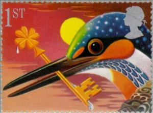 Stamp, Common Kingfisher with Key, United Kingdom of Great Britain & Northern Ireland,  , Keys, Birds, Celestial Bodies, Moon, Animals (Fauna), Kingfishers