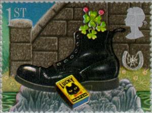 Stamp, Four-leaf Clover in Boot and Match Box, United Kingdom of Great Britain & Northern Ireland,  , Mammals, Cats, Animals (Fauna)