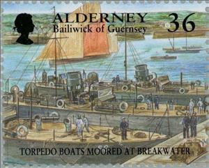Stamp, Royal Navy - Moored Torpedo boats, 1890, Alderney,  , Ships, Vehicles, Uniforms, Sailing Ships, Anniversaries and Jubilees